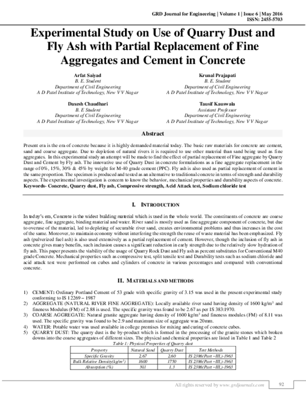 (PDF) Experimental Study on Use of Quarry Dust and Fly Ash with Partial ...