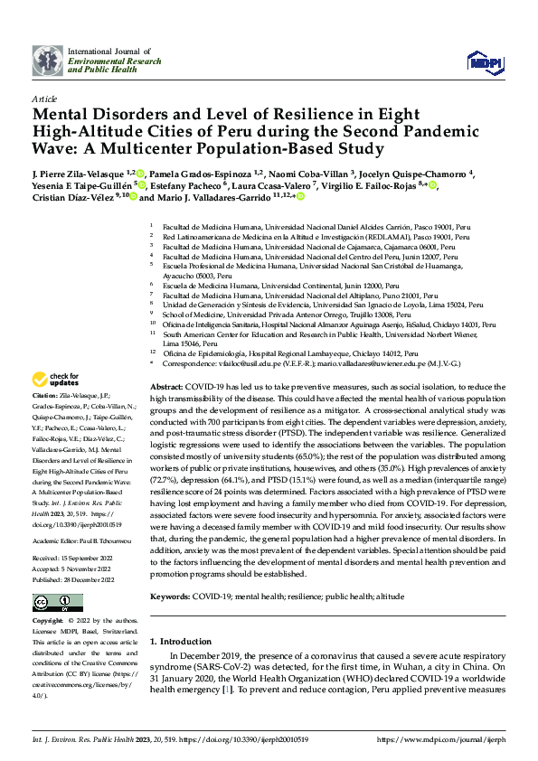 (PDF) Mental Disorders and Level of Resilience in Eight High-Altitude ...
