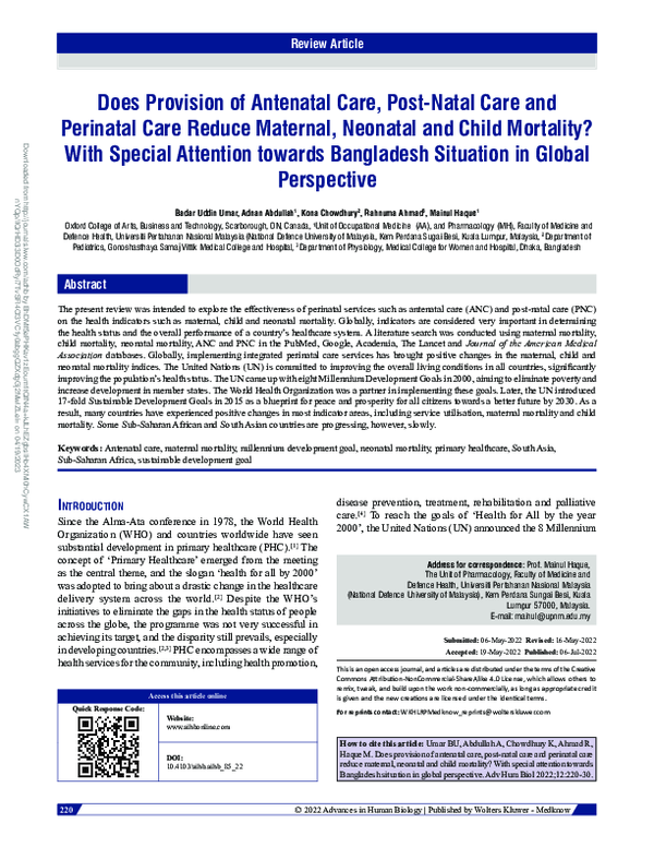 (PDF) Does provision of antenatal care, post-natal care and perinatal ...