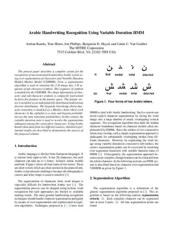 (PDF) Arabic Handwriting Recognition Using Variable Duration HMM