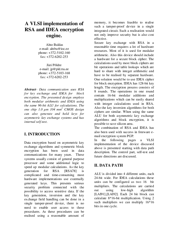 (PDF) A VLSI implementation of RSA and IDEA encryption engine