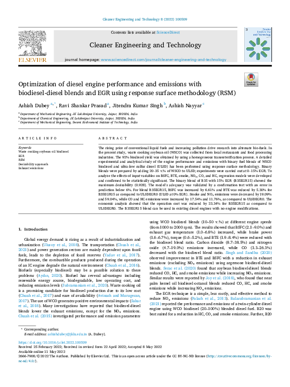 (PDF) Optimization of diesel engine performance and emissions with ...