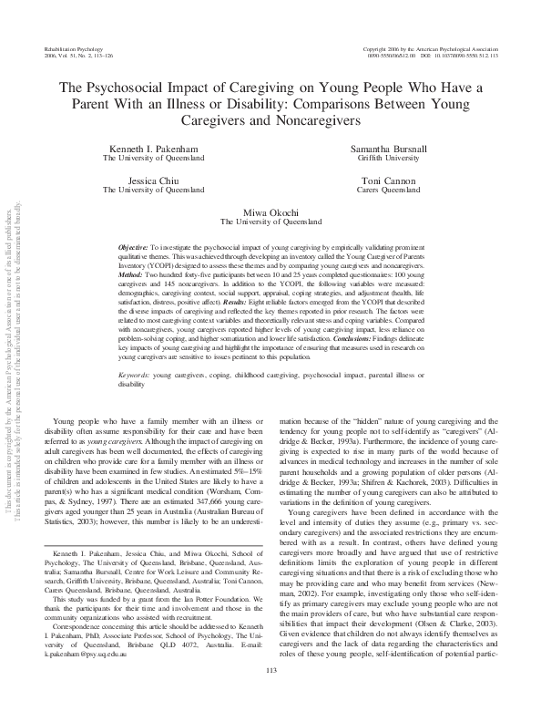 (PDF) The psychosocial impact of caregiving on young people who have a ...