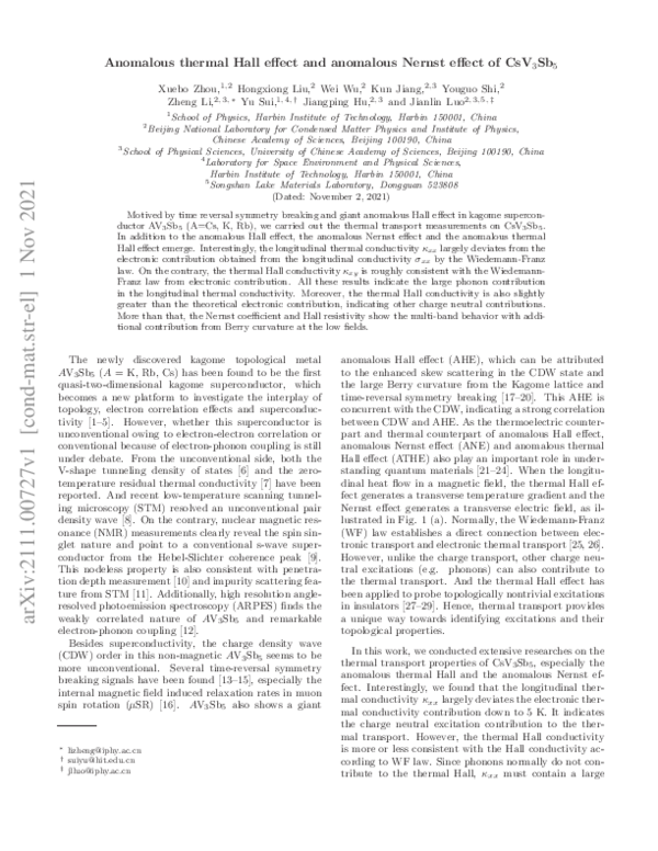(PDF) Anomalous thermal Hall effect and anomalous Nernst effect of CsV3Sb5