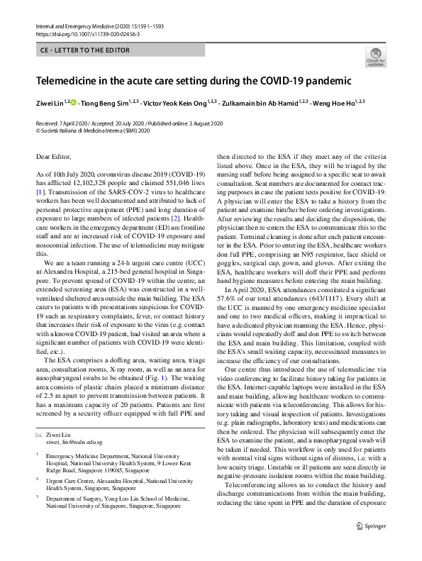 (PDF) Telemedicine in the acute care setting during the COVID-19 pandemic
