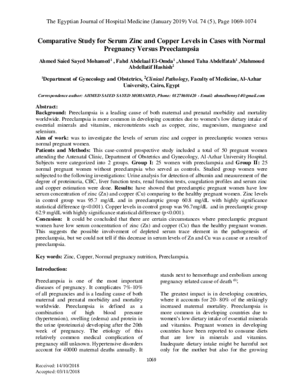 (PDF) Comparative Study for Serum Zinc and Copper Levels in Cases with ...