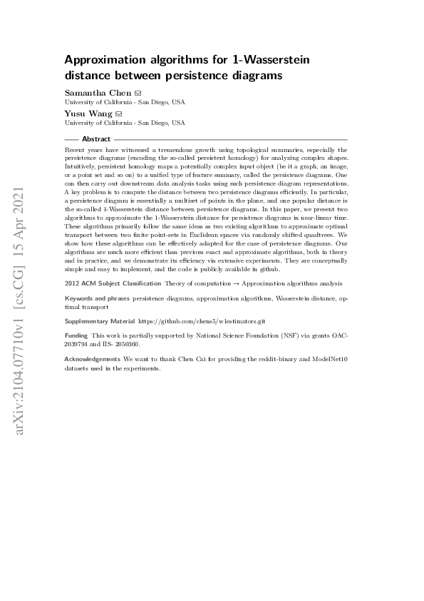 (PDF) Approximation algorithms for 1-Wasserstein distance between ...