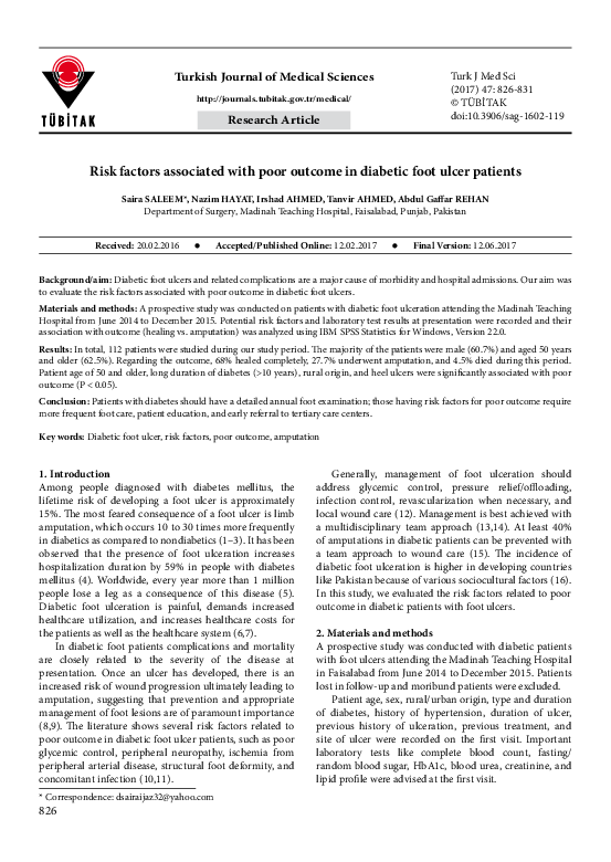 (PDF) Risk factors associated with poor outcome in diabetic foot ulcer ...
