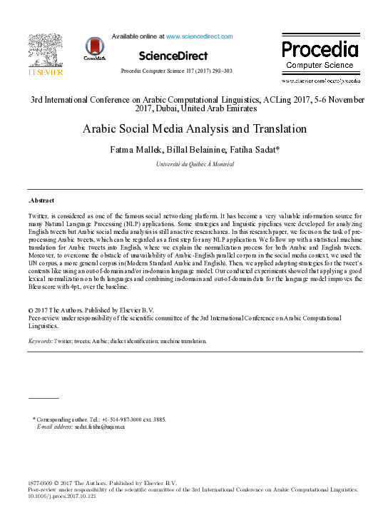 (PDF) Arabic Social Media Analysis and Translation