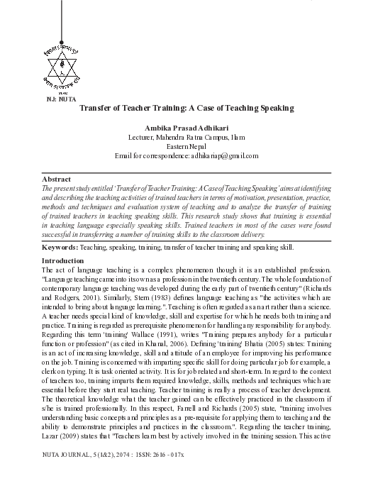 (PDF) Transfer of Teacher Training: A Case of Teaching Speaking