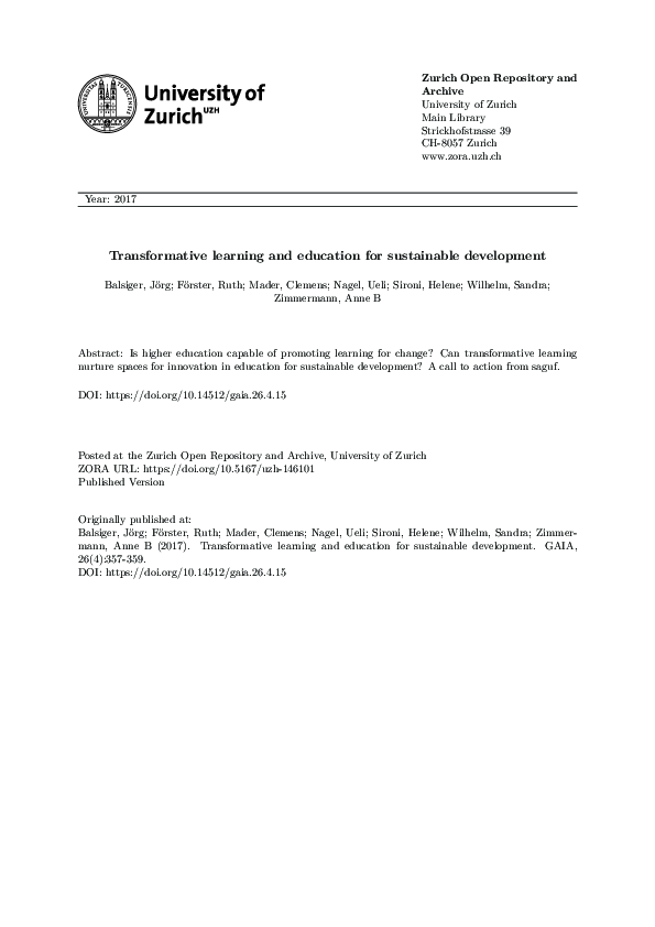 (PDF) Transformative Learning and Education for Sustainable Development ...