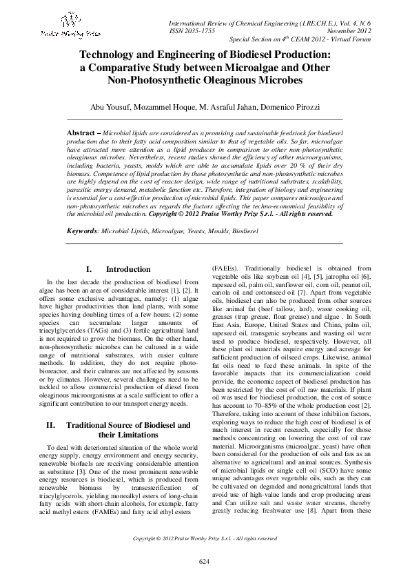 (PDF) Technology and Engineering of Biodiesel Production: a Comparative ...
