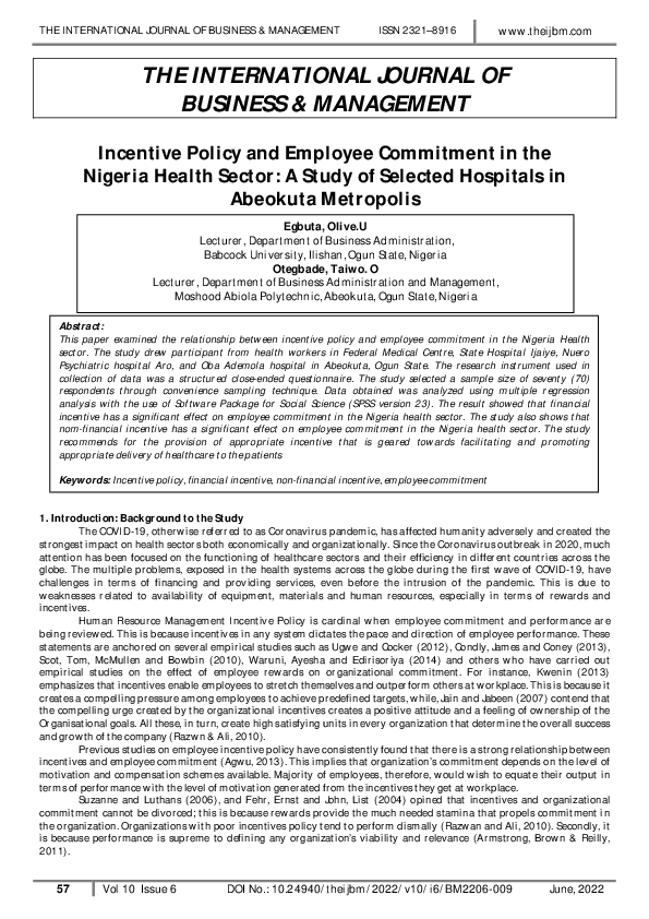 (PDF) Incentive Policy and Employee Commitment in the Nigeria Health ...
