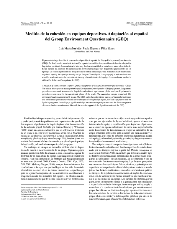 (PDF) [A measure of team cohesion in sport. Spanish adaptation of Group ...