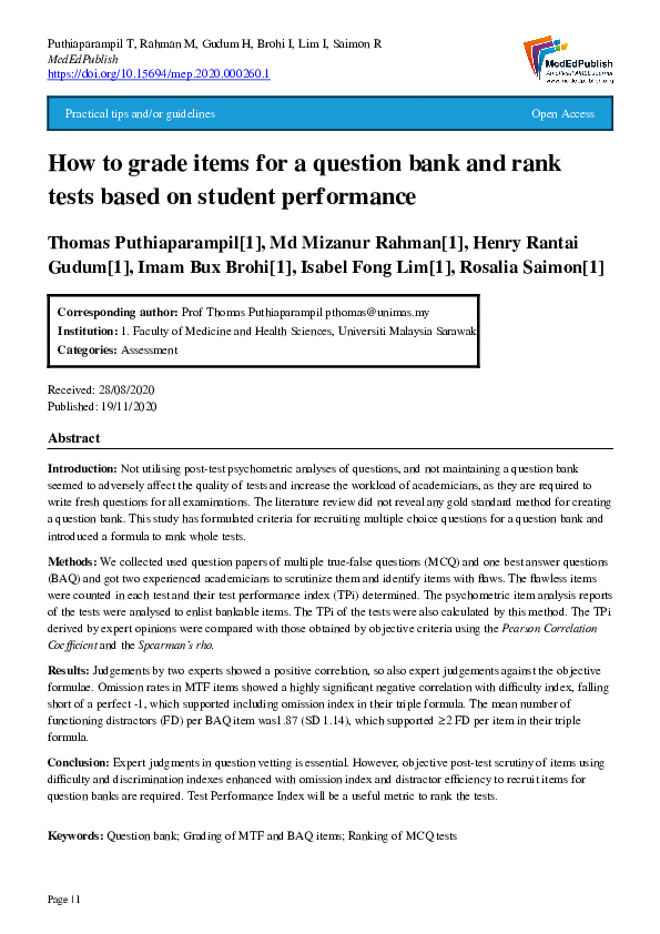 (PDF) How to grade items for a question bank and rank tests based on ...