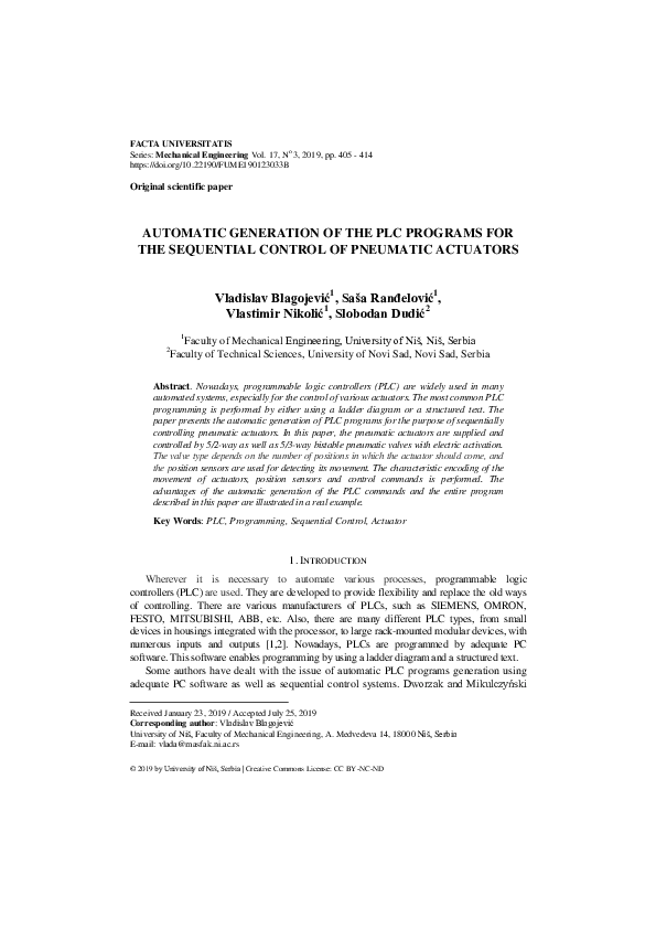 (PDF) Automatic Generation of the PLC Programs for the Sequential ...