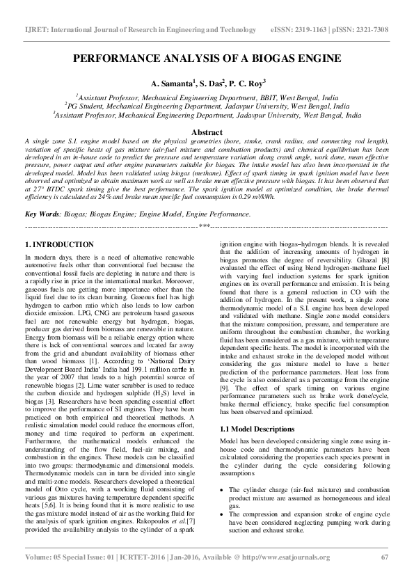 (PDF) Performance Analysis of a Biogas Engine