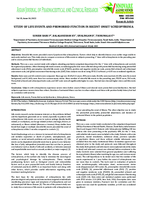 (PDF) STUDY OF LIFE EVENTS AND PREMORBID FUNCTION IN RECENT ONSET ...