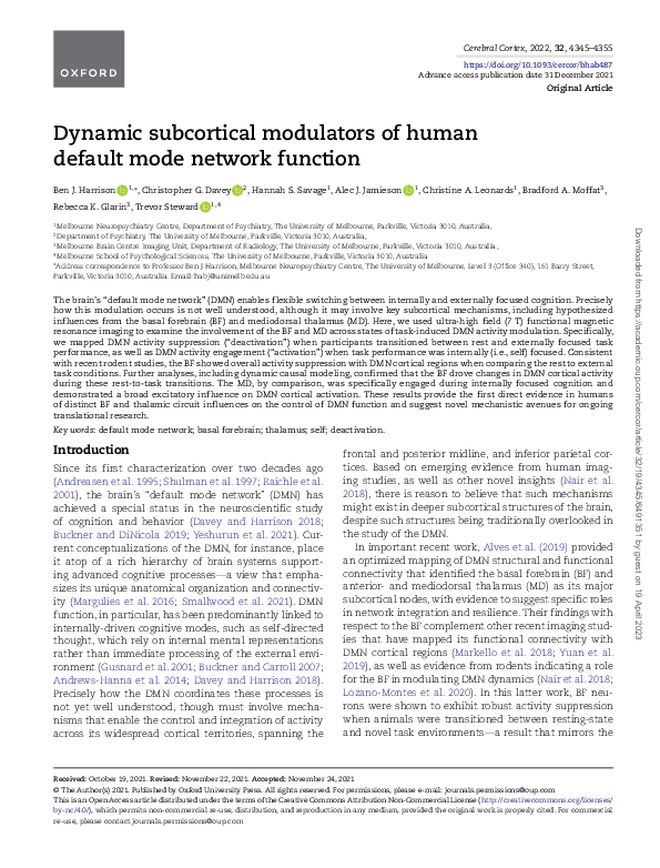 (PDF) Dynamic Subcortical Modulators of Human Default Mode Network Function