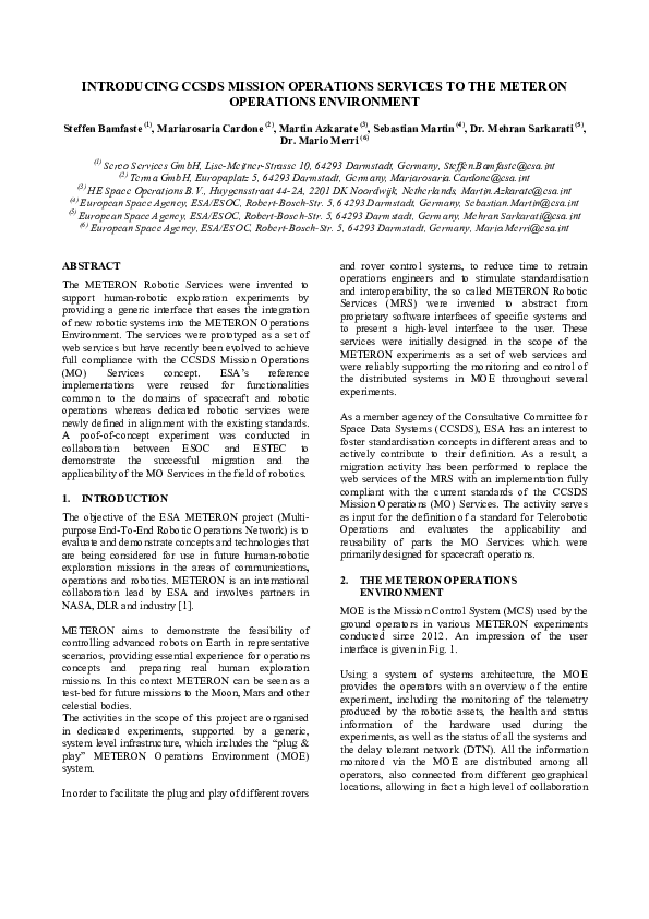 (PDF) Introducing CCSDS Mission Operations Services to the Meteron ...