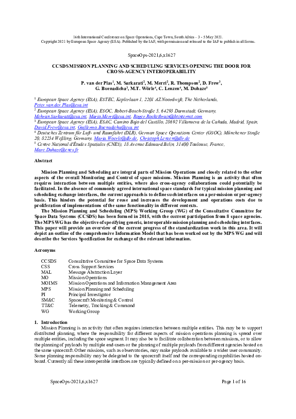 (PDF) CCSDS Mission Planning And Scheduling Services Opening Door For ...