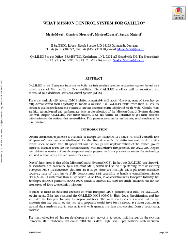 (PDF) What Mission Control System for Galileo?