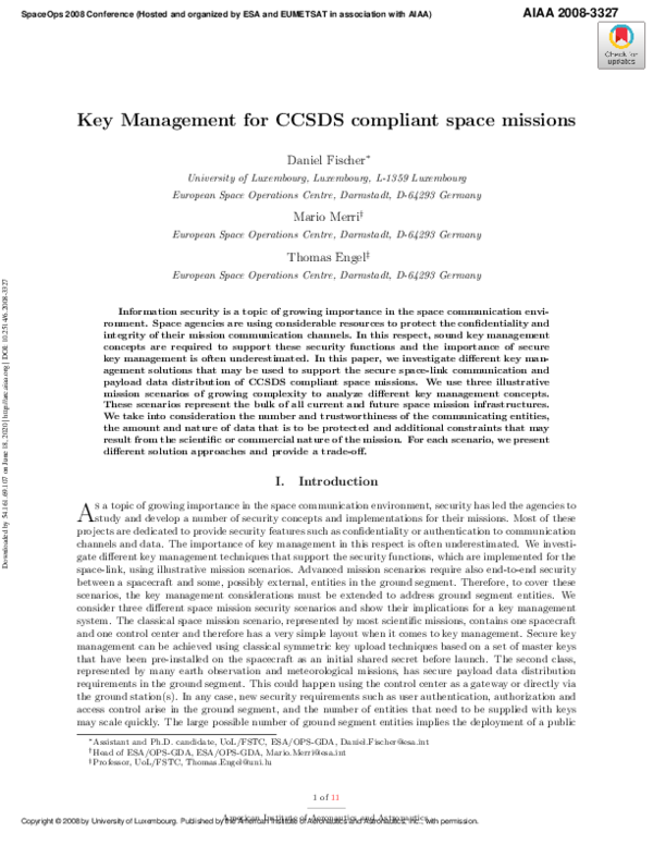 (PDF) Key Management for CCSDS Compliant Space Missions