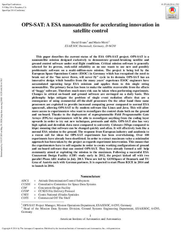 (PDF) OPS-SAT: A ESA nanosatellite for accelerating innovation in ...