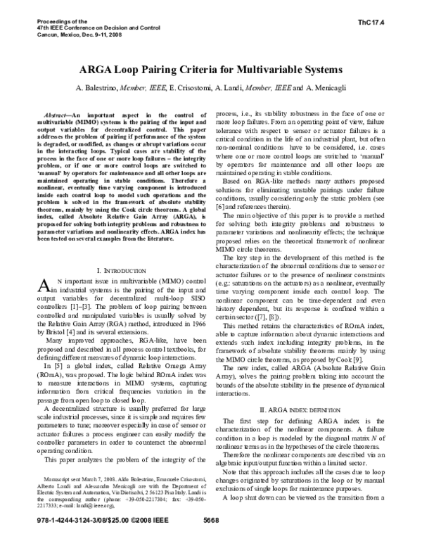 (PDF) ARGA loop pairing criteria for multivariable systems