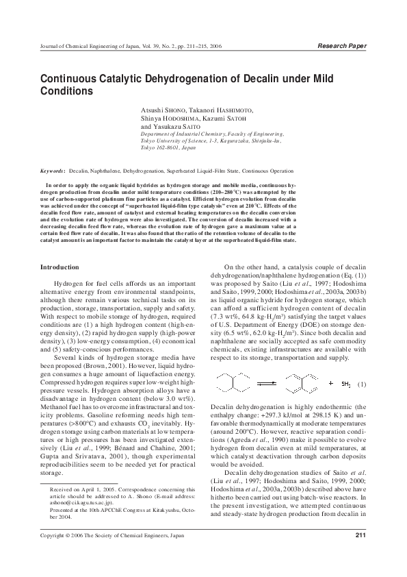 (PDF) Continuous Catalytic Dehydrogenation of Decalin under Mild ...