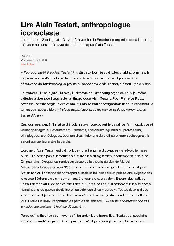 (PDF) 2023 (interview avec Inès Peltier) « Lire Alain Testart ...