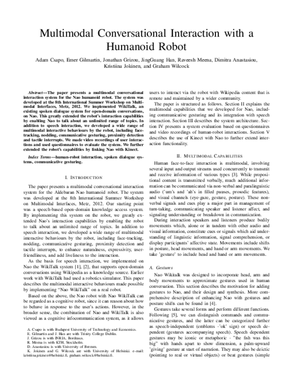 (PDF) Multimodal conversational interaction with a humanoid robot