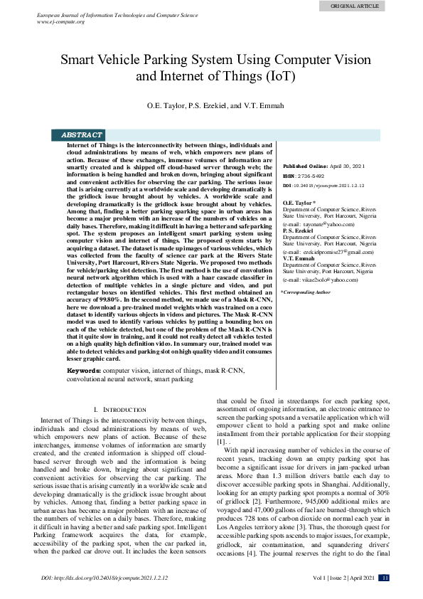 (PDF) Smart Vehicle Parking System Using Computer Vision and Internet ...