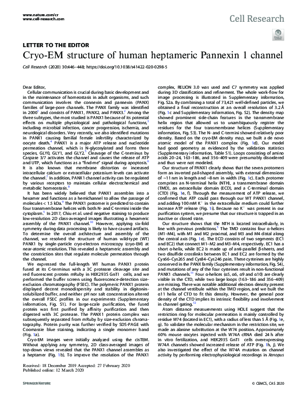 (PDF) Cryo-EM structure of human heptameric Pannexin 1 channel