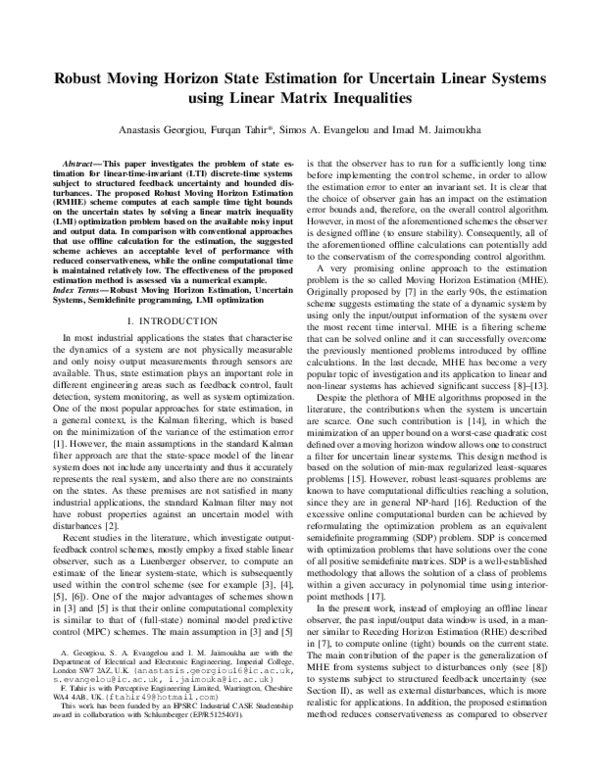 (PDF) Robust Moving Horizon State Estimation for Uncertain Linear ...