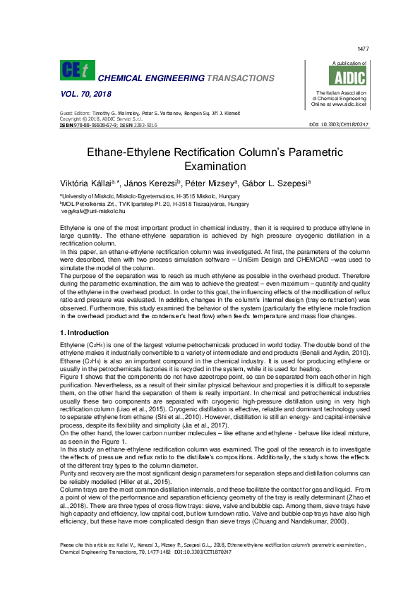 (PDF) Ethane-ethylene rectification column's parametric examination