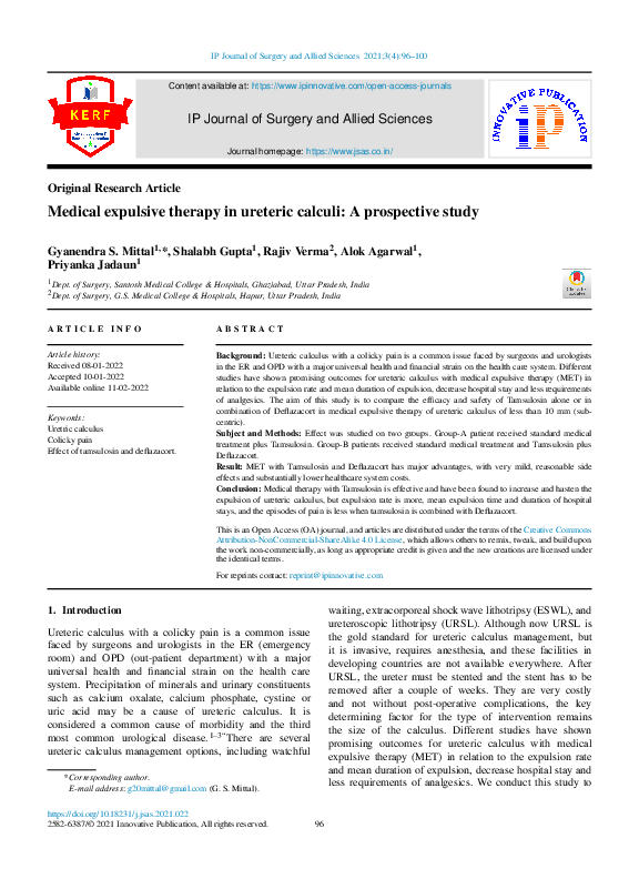 (PDF) Medical expulsive therapy in ureteric calculi: A prospective study