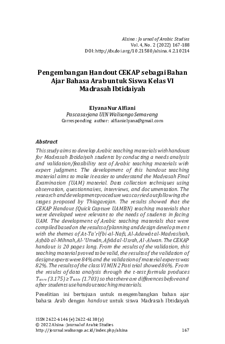 (PDF) Pengembangan Handout CEKAP sebagai Bahan Ajar Bahasa Arab untuk ...