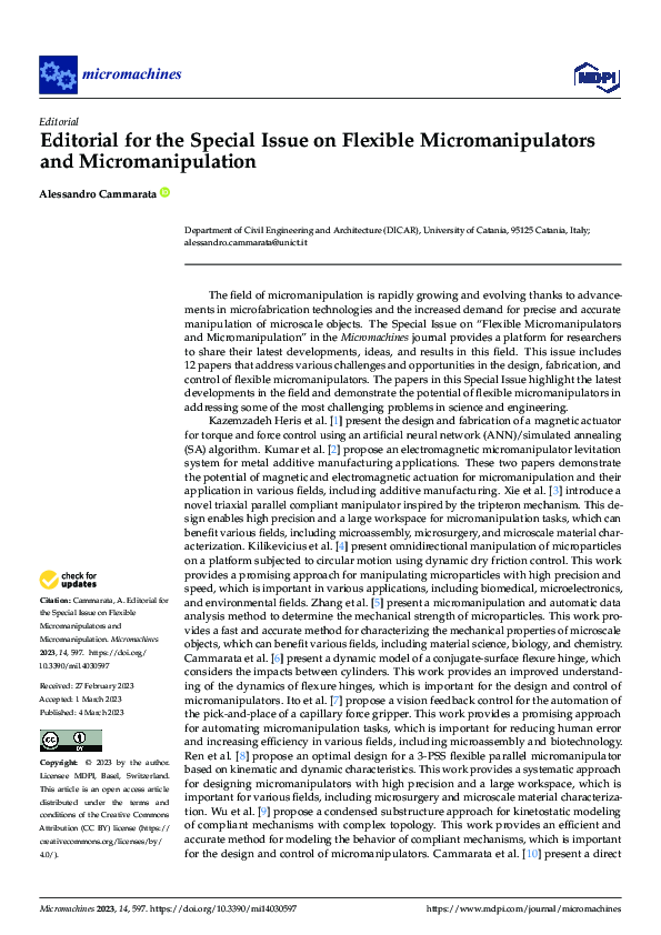 (PDF) Editorial for the Special Issue on Flexible Micromanipulators and ...