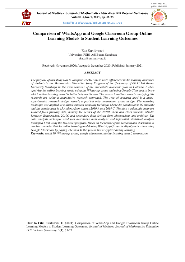 (PDF) Comparison of WhatsApp and Google Classroom Group Online Learning ...