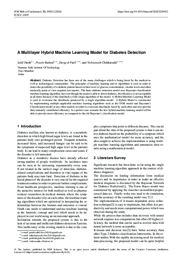 (PDF) A Multilayer Hybrid Machine Learning Model for Diabetes Detection