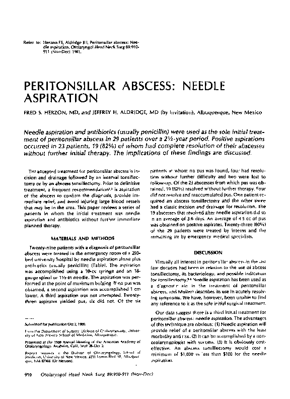 (PDF) Peritonsillar Abscess Needle Aspiration Fred Herzon Academia.edu
