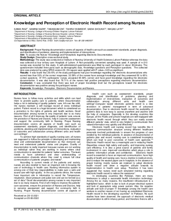 (PDF) Knowledge and Perception of Electronic Health Record among Nurses