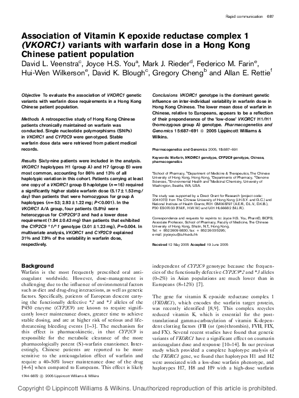 (PDF) Association of Vitamin K epoxide reductase complex 1 (VKORC1