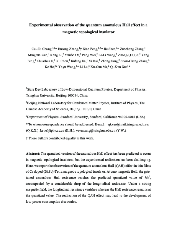 (PDF) Experimental Observation of the Quantum Anomalous Hall Effect in ...