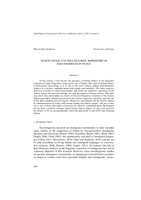 (PDF) Veneto dialect in the linguistic repertoire of Igbo-Nigerians in ...