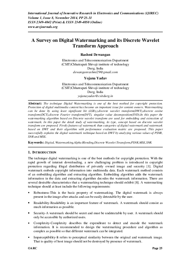 (PDF) A Survey on Digital Watermarking and its Discrete Wavelet ...