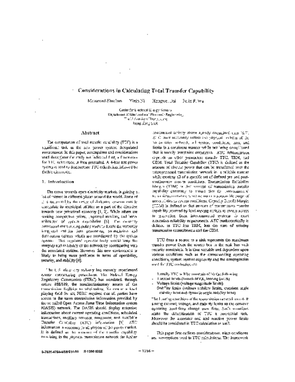 (PDF) Considerations in calculating total transfer capability [of power transmission systems