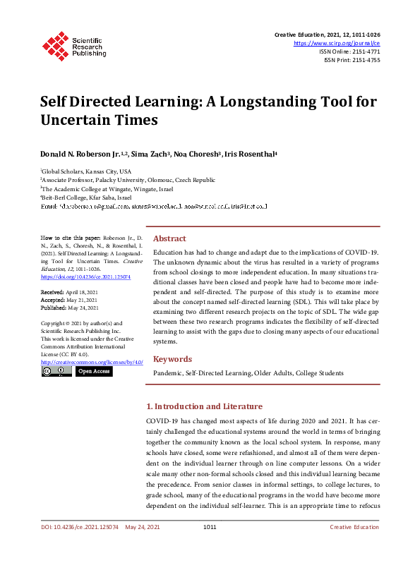 (PDF) Self Directed Learning: A Longstanding Tool for Uncertain Times