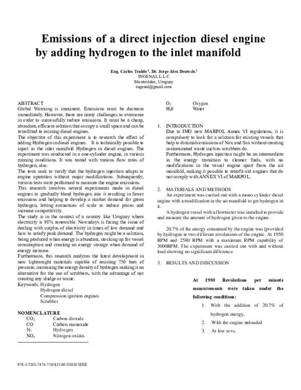 (PDF) Emissions of a direct injection diesel engine by adding hydrogen ...